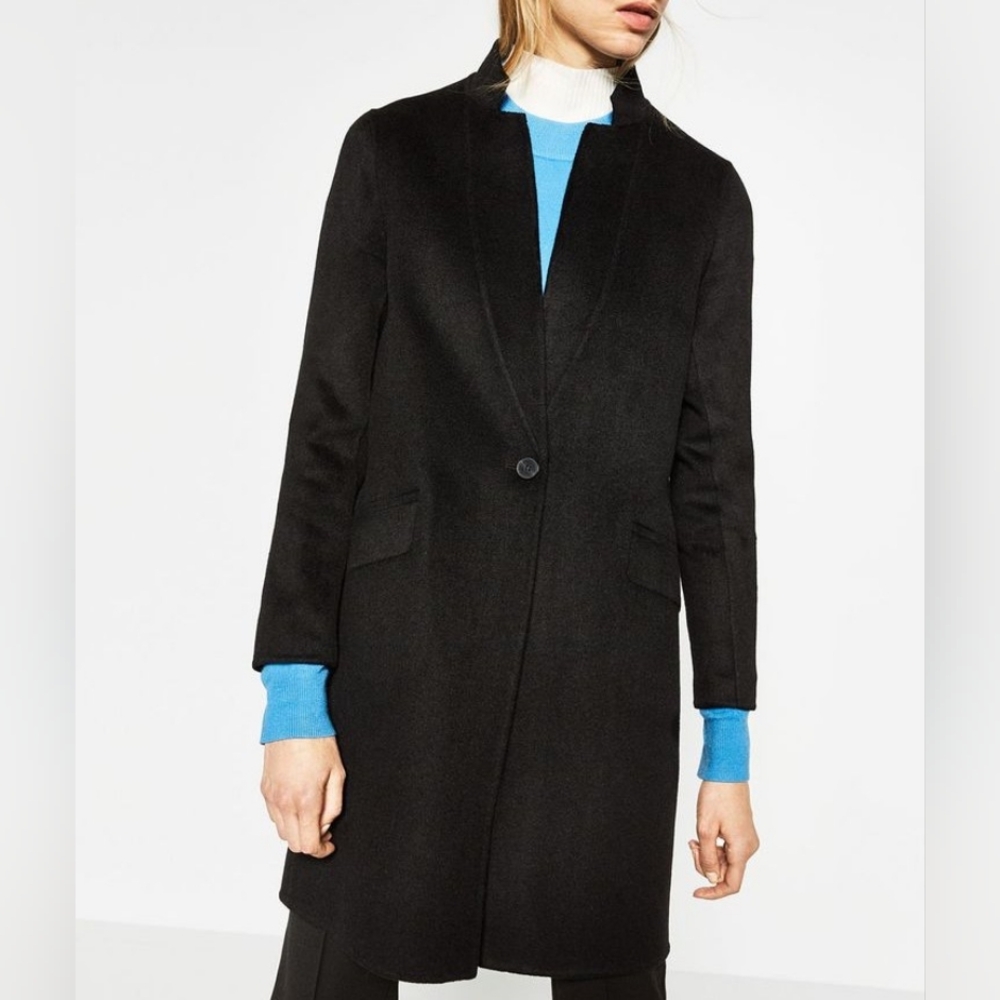 Zara Basics Outerwear Handmade Black Stand-Up Notched Collar Pea Coat Medium